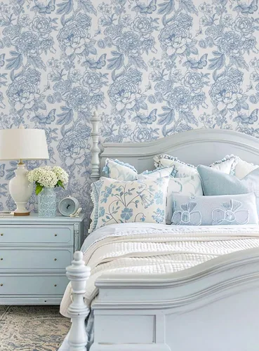 Miniatura 7 de Safiyya Papel tapiz floral para despegar y pegar, papel de contacto azul y blanco, papel tapiz bohemio para dormitorio, papel de pared de peonía