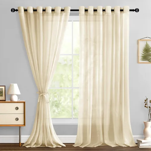 Miniatura 122 de Hiasan - Cortinas traslúcidas de gasa cortas semitransparentes con ojales y alzapaños filtrantes de luz para ventana, dormitorio, baño, 2 paneles