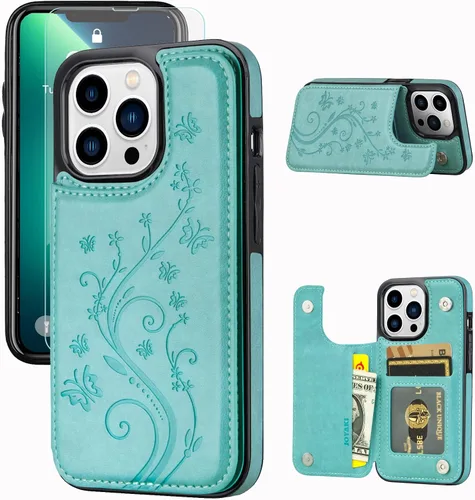 Miniatura 16 de Funda tipo cartera compatible con iPhone 13 Pro de 6.1 pulgadas, funda protectora delgada con tarjetero, piel sintética de alta calidad, ranuras