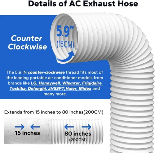Miniatura 3 de Kit de manguera de aire acondicionado portátil flexible, 5.9 pulgadas de diámetro en sentido antihorario de manguera de escape de CA de 80 pulgadas