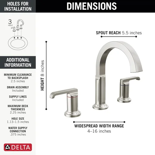 Miniatura 3 de Grifo de Baño Delta Faucet Tetra Níquel Cepillado de Instalación Extendida de 3 Orificios, Grifo de Baño para Lavabo de Baño, Grifo de Lavabo