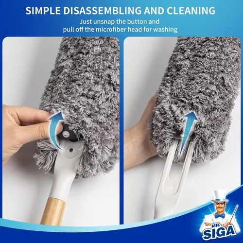 Miniatura 6 de MR.SIGA Plumero de microfibra sin pelusas, lavable y reutilizable, con mango de bambú y cabezal reemplazable, plumero para limpieza del hogar