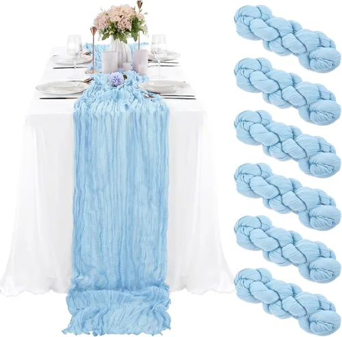 Miniatura 20 de 10 piezas de camino de mesa de estopilla en azul bebé 10 pies, camino de mesa de gasa para recepción de boda, despedida de soltera, fiesta