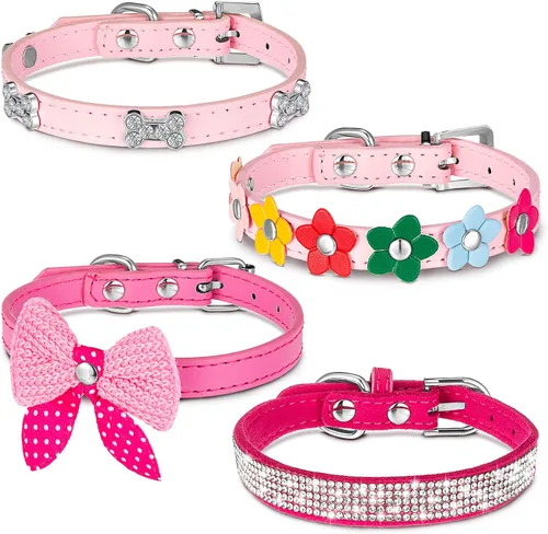 Miniatura 7 de 4 collares de perro rosados con tachuelas y tachuelas, collar de perro con lazo de diamantes de imitación, collar de perro con diamantes