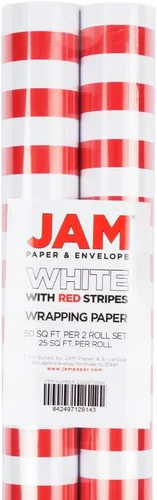Miniatura 4 de JAM Paper Envoltura de regalo - Papel de envoltura a rayas - 50 pies cuadrados en total (30 pulgadas x 10 pies cada uno) - Rayas rojas y blancas - 2