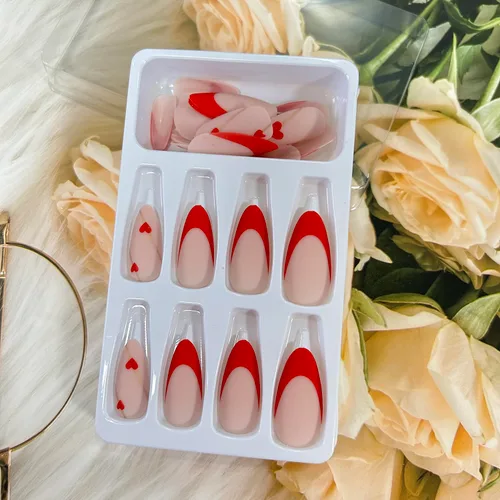 Miniatura 5 de Uñas postizas a presión de punta francesa de almendra, medianas, uñas postizas acrílicas artificiales con diseño de corazón de amor rojo, cobertura