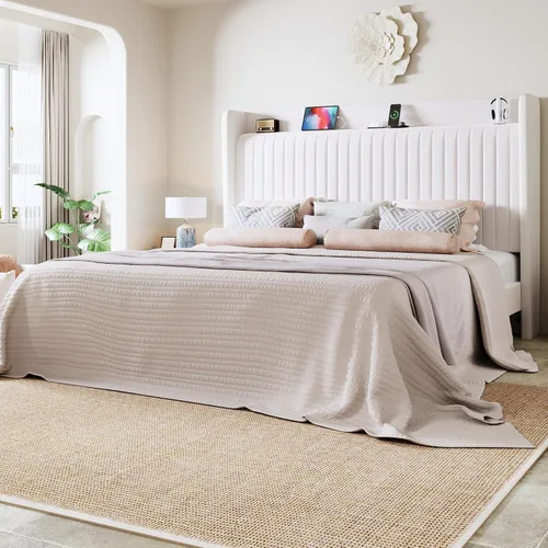 Miniatura 14 de Allewie Base de cama de plataforma de tamaño completo con estación de carga USB y estante de almacenamiento/Cabecera tapizada de terciopelo