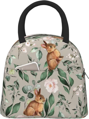 Cute Bunnies - Bolsa de almuerzo grande con diseño de flores rosadas, caja de capacidad para preparar comidas de conejo, bolsa aislada reutilizable