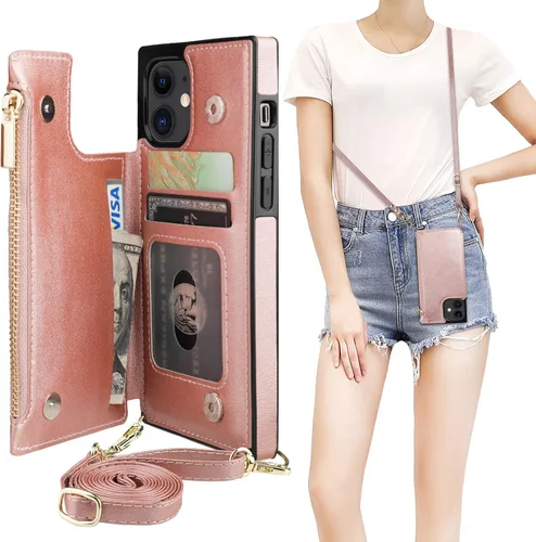 Miniatura 20 de Bocasal Funda tipo cartera cruzada para iPhone 12 Pro Max con tarjetero, protector de ranura para tarjetas con cremallera, a prueba de golpes
