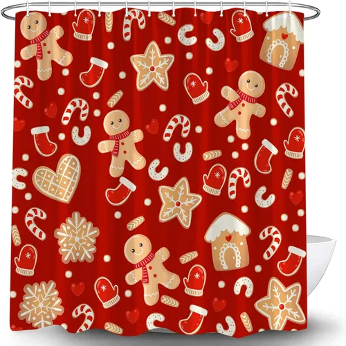 Miniatura 3 de Cortina de ducha de Navidad con diseño de galletas, lindo cratoon copo de nieve, vacaciones de invierno, feliz año nuevo, cortina de baño con gancho