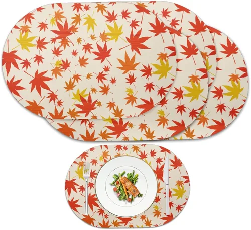 Miniatura 11 de Non Slip Placemats Set of 6 Pumpkin Mushroom Theme Waterproof Wipeable Faux Leather for Thanksgiving Family Feast Heat Resistant Dining Table Mats