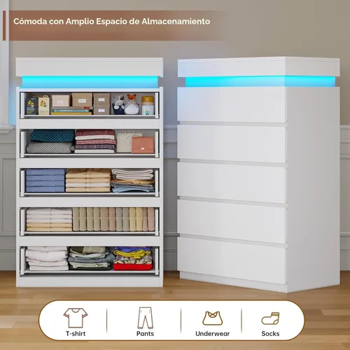 Miniatura 5 de HAUOMS Cómoda alta de 5 cajones con luz LED, cómoda moderna blanca para dormitorio, vestidor de armario con cajones para sala de estar, entrada