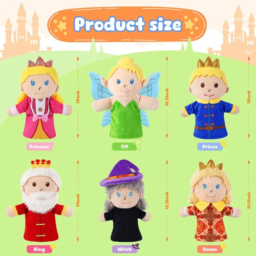 Miniatura 3 de 6 piezas de marionetas de mano de castillo de cuentos de hadas, reina y rey, princesa y príncipe, elfo y bruja, juguetes de peluche para niños