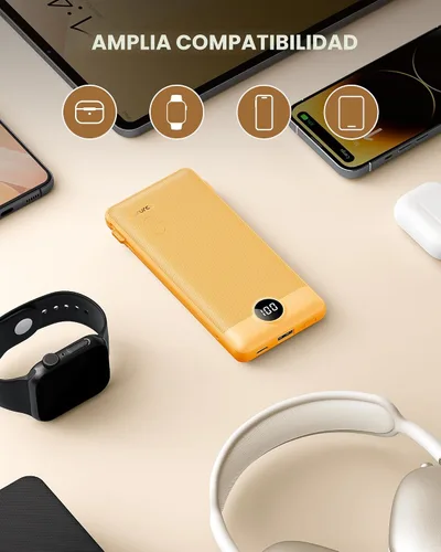 Miniatura 7 de VRURC Cargador portátil con cables integrados y enchufe de pared de CA, cargador de batería USB C de 10000 mAh, cargador de batería de viaje, Naranja