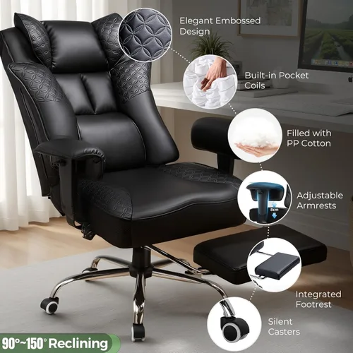 Miniatura 9 de GTPLAYER Silla de Oficina Grande y Alta 400LBS Silla Ergonómica para Juegos Ancha con Cuero con Diseño de Relieve de Lujo con Reposapiés, Reclinable