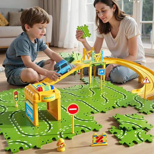 Miniatura 5 de Juego de pista de carreras de rompecabezas grande de 2 niveles para niños de 3 a 5 años, juego de pistas de rompecabezas, juguetes de pistas