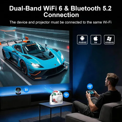 Miniatura 7 de Mini proyector con WiFi y Bluetooth, compatible con 4K, proyector portátil para exteriores con aplicaciones y altavoz, Keystone vertical automático
