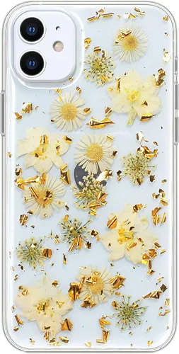 Miniatura 14 de Abbery Funda transparente para iPhone 11 con diseño de flores moradas, bonita funda protectora de silicona suave TPU real seca prensada floral
