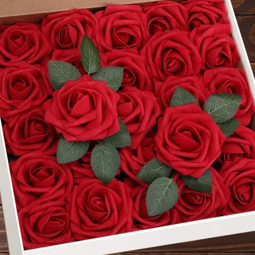 Miniatura 16 de Higfra Flores artificiales, 25 rosas falsas de espuma de aspecto real con tallos para ramos de boda, centros de mesa de despedida de soltera, Brillo