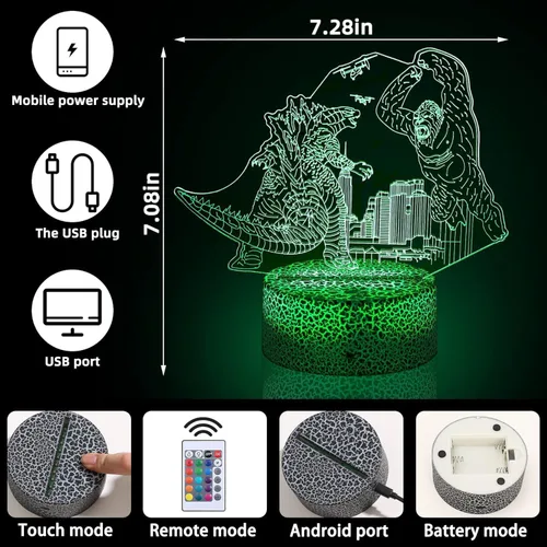 Miniatura 5 de Luz nocturna para niños, lámpara de dinosaurio King Kong Toys, luz nocturna LED que cambia de color, luz nocturna LED de ilusión 3D, control remoto