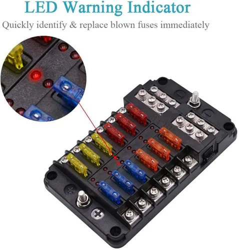 Miniatura 3 de WUPP Panel de bloques de fusibles marinos para barco con indicador de advertencia LED, cubierta a prueba de humedad, 12 circuitos con soporte