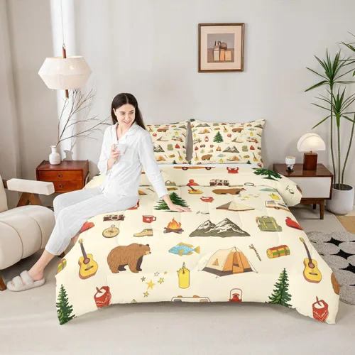 Miniatura 12 de Homewish Juego de ropa de cama con diseño de camping para niños, adolescentes y hombres, tamaño Queen, con temática de aventura en la jungla