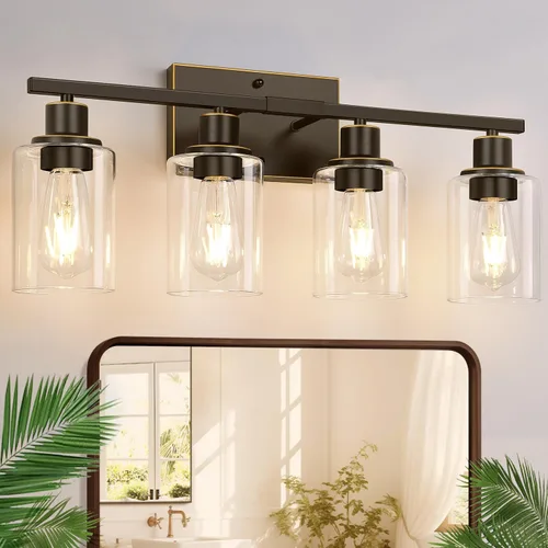 Miniatura 14 de Indoi Lámparas de baño de 4 luces, luces de tocador de níquel cepillado con pantallas de vidrio transparente, moderna lámpara de pared de baño