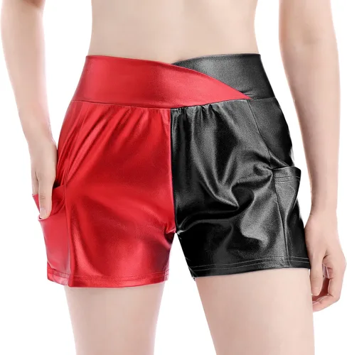 Miniatura 3 de Pantalones cortos de baile brillantes para mujer con frente en V cintura alta para yoga gimnasio fiesta de rave pantalones cortos con bolsillos