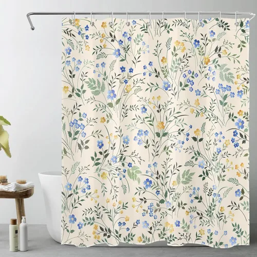 LB Cortina de Ducha Decorativa de Flores Silvestres del Campo, Flores Azules y Amarillas con Planta de Hojas Verdes sobre Beige, Cortina de Ducha