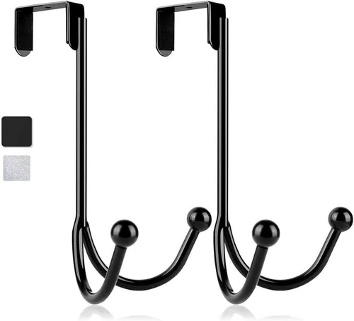 HFHOME Paquete de 2 ganchos dobles para colgar sobre la puerta, organizador de ganchos dobles de metal para colgar abrigos, sombreros, batas, Negro