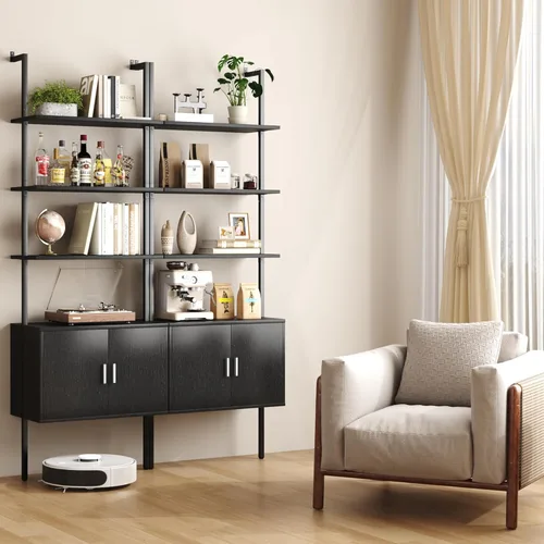 Miniatura 2 de Yusong Estantería alta de 73" con gabinete, estantería tipo escalera para montaje en pared con marco de madera y metal, estantería para plantas