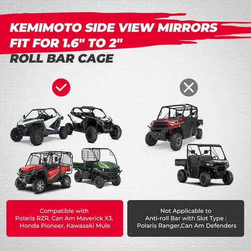 Miniatura 6 de KEMIMOTO Espejos laterales para UTV con barra antivuelco de 1.6" a 2", espejos laterales retrovisores SXS ajustables, compatibles con Polaris RZR
