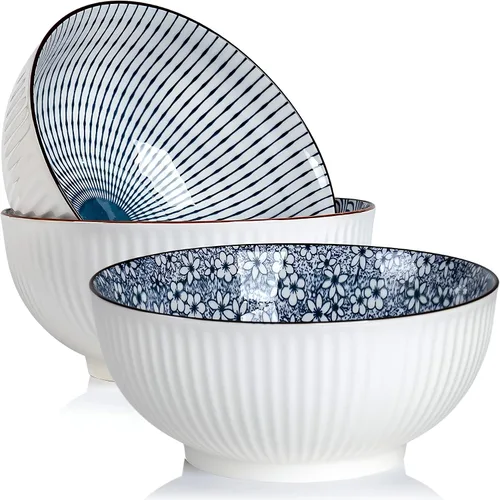 Miniatura 11 de QINLANG Juego de 3 cuencos grandes de sopa Pho & Ramen, 60 onzas, cuencos grandes de porcelana azul y blanca, patrón a rayas