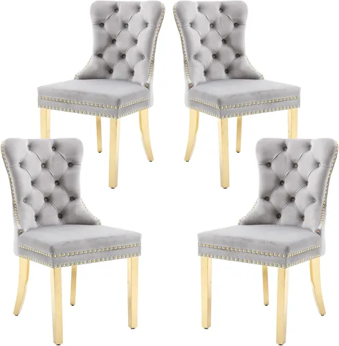 Miniatura 43 de KCC Nikki Collection - Juego de 4 sillas de comedor de terciopelo tapizadas de alta gama con anillo trasero de clavo, patas de madera maciza