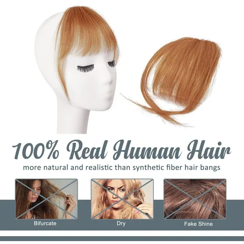 Miniatura 2 de BARSDAR Flequillo postizo de pelo humano real - Flequillo postizo 100% pelo humano para mujeres - Extensiones de flequillo ondulado castaño rojizo