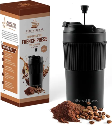 Cafetera y tetera de acero inoxidable de doble pared aislada de 15 onzas, taza y vaso portátil para campamento, retención de calor, a prueba de Negro