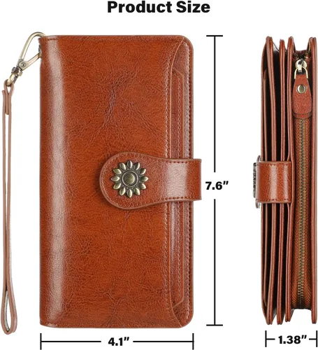Miniatura 7 de Lavemi Carteras de cuero genuino de gran capacidad con bloqueo RFID para mujer, tarjetero con correa para la muñeca