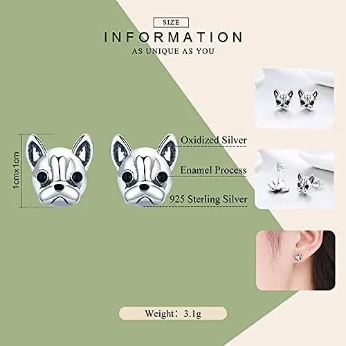 Miniatura 4 de Aretes tipo dormilona de plata de ley con diseño de bulldog francés para mujeres y niñas con orejas sensibles, bonitos regalos, Metal