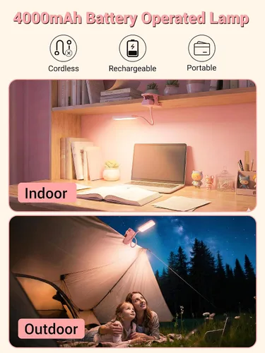 Miniatura 4 de Lámpara de escritorio rosa linda luz de lectura, 45 modos de luz regulable con clip con batería de 4000 mAh, lámpara de escritorio recargable de 450
