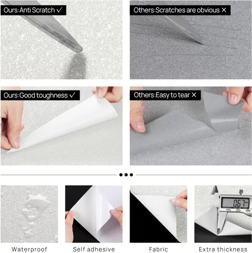 Miniatura 4 de FunStick Papel tapiz blanco perlado con purpurina de 15.8 x 240 pulgadas, papel de contacto con purpurina blanca brillante para gabinetes