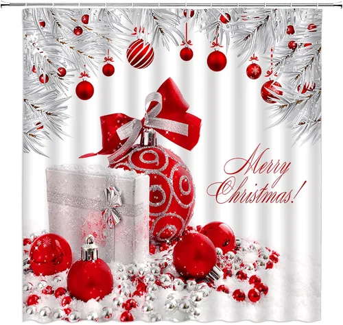 Miniatura 9 de AMFD Cortina de ducha de Feliz Navidad, bolas de Navidad azules, fantasía, vacaciones de invierno, feliz año nuevo, blanco, juego de decoración