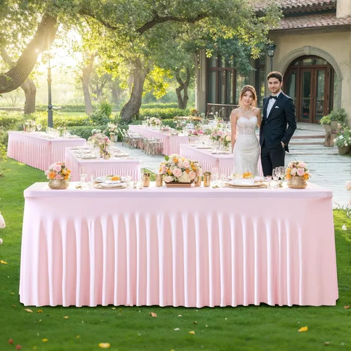 Miniatura 4 de Besutolife falda de mesa de 6 pies rosa para mesa rectangular, falda de mesa de tutú de elastano para fiestas, bodas, baby shower