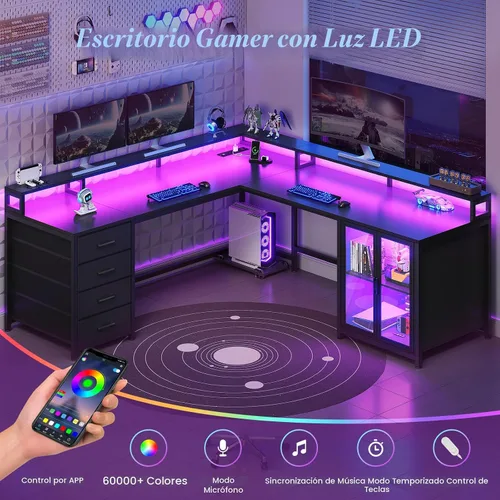 Miniatura 9 de SEDETA Escritorio para juegos en forma de L con 4 cajones, escritorio para computadora de 109 pulgadas con vitrina, escritorios de oficina en casa