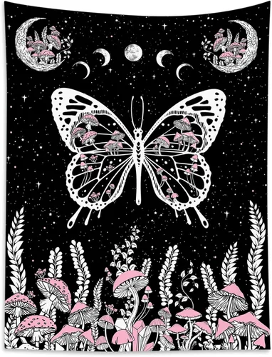 Miniatura 5 de LB Tapiz de mariposa blanco y negro, hongo rosa y hojas con fase lunar para dormitorio, tapiz colgante de pared de noche estrellada, arte de pared