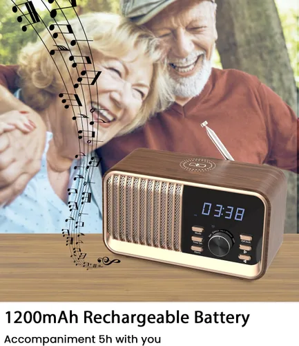 Miniatura 7 de MONODEAL Radio despertador con carga inalámbrica rápida, compatible con Bluetooth 5.3/radio FM/puerto USB/tarjeta TF/entrada auxiliar, altavoz