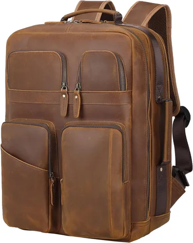 TIDING Mochila para portátil de cuero de grano completo de 17.3 pulgadas para hombres, multibolsillos, casual, mochila de viaje de negocios, Marrón,