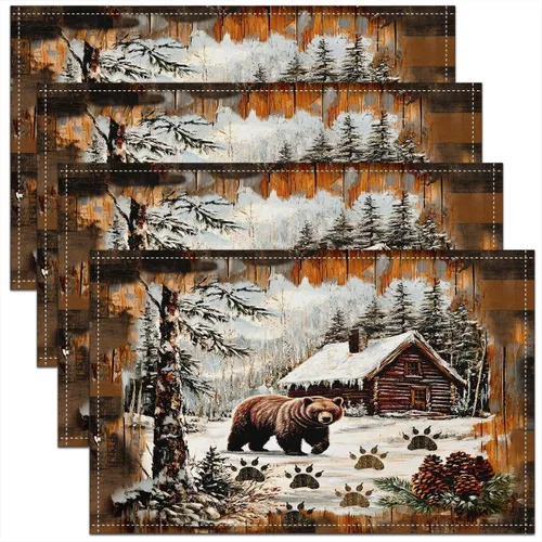 Miniatura 22 de Lodge - Juego de 4 manteles individuales de cabina con diseño de silueta de pino y oso gris, tapetes de cocina para mesa de comedor, animales