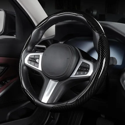 Miniatura 3 de Cubierta de volante de fibra de carbono, juego de accesorios de volante de coche con cierre de presión 3 piezas, protector antideslizante