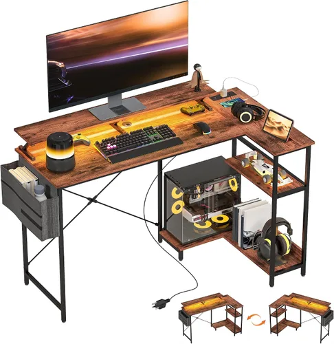 HOMCOM Escritorio para juegos en forma de L de 58 pulgadas con tomas de corriente y luces LED, escritorio reversible para computadora con soporte