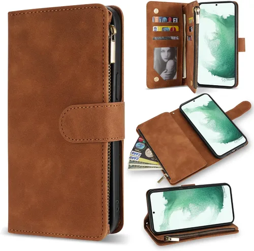 Miniatura 31 de ZZXX Funda para Samsung Galaxy S22 Plus con ranura para tarjeta, piel sintética suave de alta calidad, con cremallera, con correa para la muñeca
